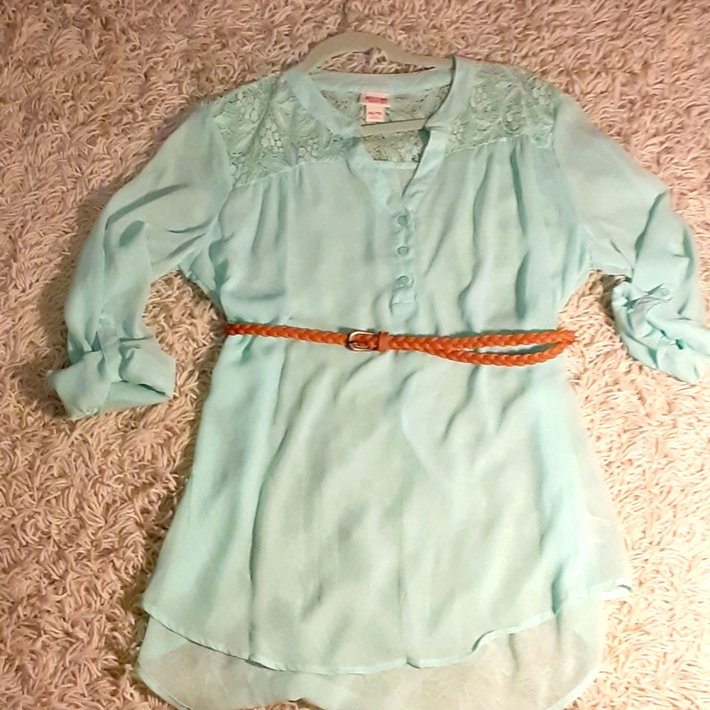Turquoise sheer blouse with braided belt